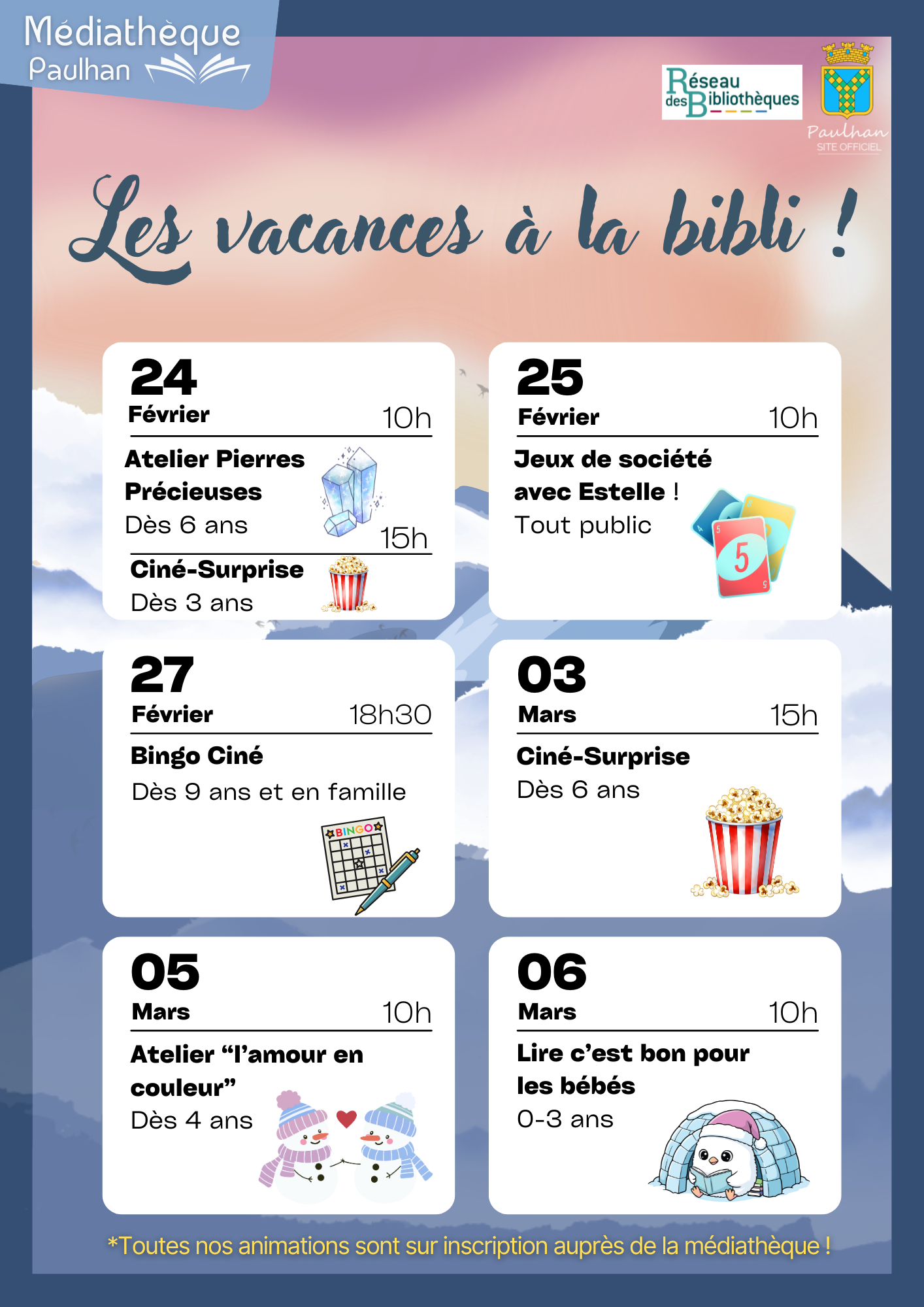 Programme des activit&eacute;s &agrave; la m&eacute;diath&egrave;que pendant les vacances d'hiver 2026
