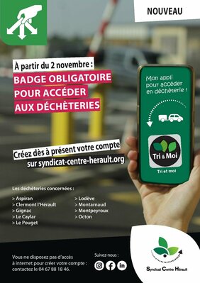 Déchèteries Syndicat Centre Hérault : changement de modalité d'accès à partir du 2 novembre 2022